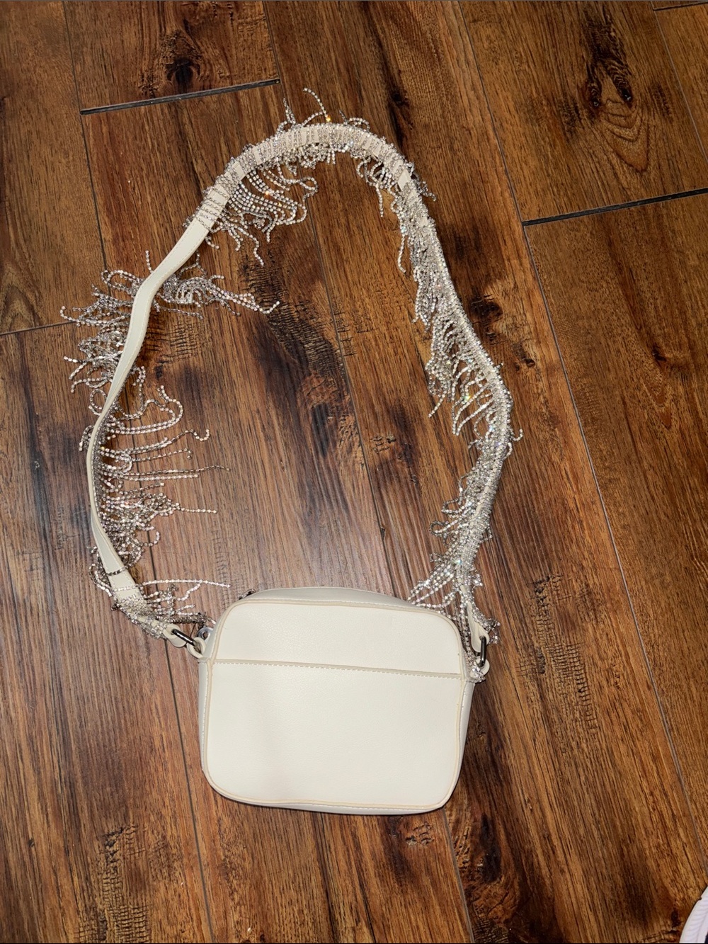 AKIRA Cream Crossbody Bag with Beaded Fringe Strap